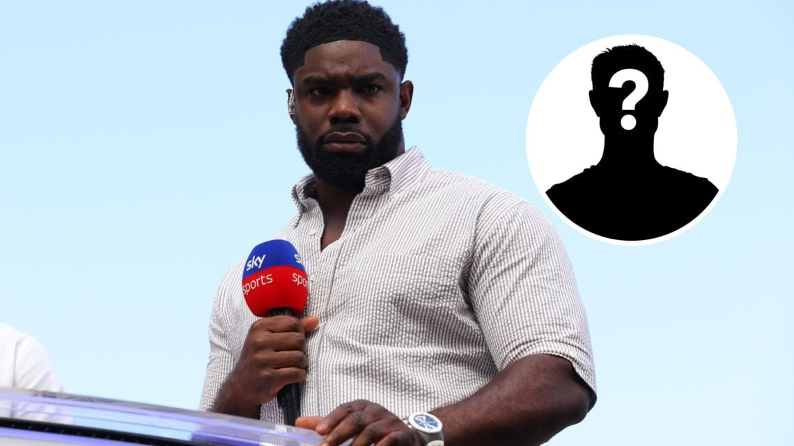 Micah Richards with a Sky Sports microphone in his hands (main image) mystery player inset (top right corner)