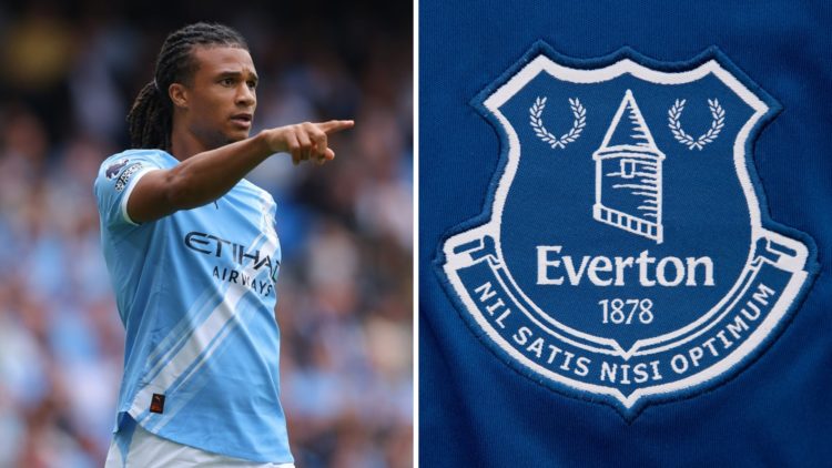 Split image - Nathan Ake pointing during a Man City match (left) Everton badge (right)