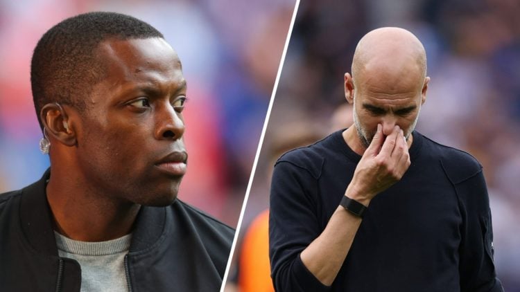 Split image - Nedum Onuoha working as a pundit (left) Pep Guardiola holding his nose (right)