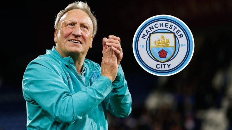 Neil Warnock with inset of Manchester City badge