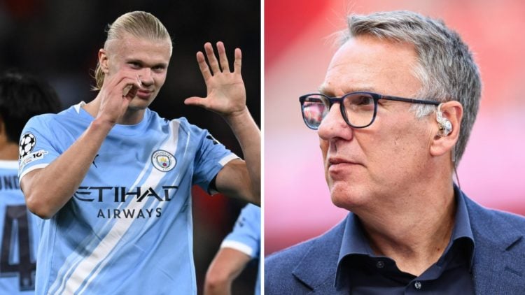 Split image - Erling Haaland making the number 50 with his hands (left) Paul Merson doing punditry work (right)