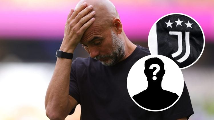 Pep Guardiola with his hand on his head (main image) inset of the Juventus badge (top right corner) mystery player inset (bottom right corner)