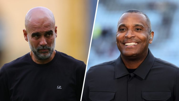 Split image - Pep Guardiola looks focused ahead of a Man City match (left) Clinton Morrison smiling (right)