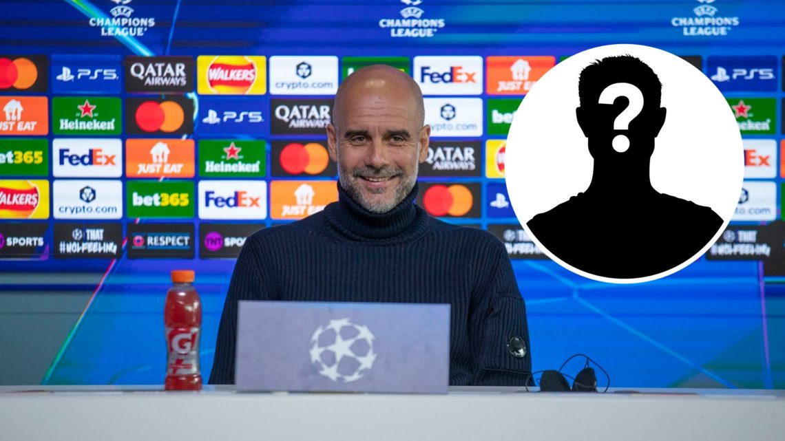 Pep Guardiola smiling at a press conference (main image) mystery player inset (top right corner)