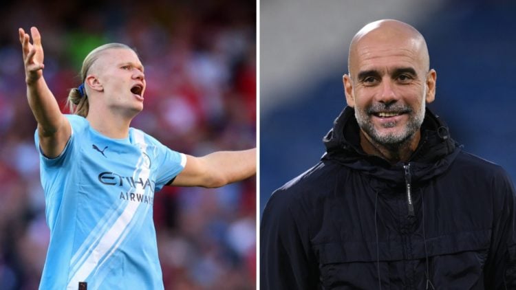 Split image - Erling Haaland with his hands out wide (left) Pep Guardiola with a smile on his face (right)