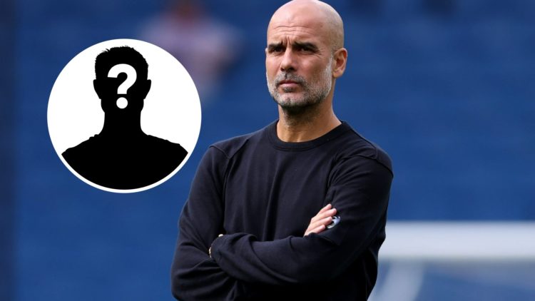 Pep Guardiola with his arms crossed (main image) mystery player inset (top left corner)