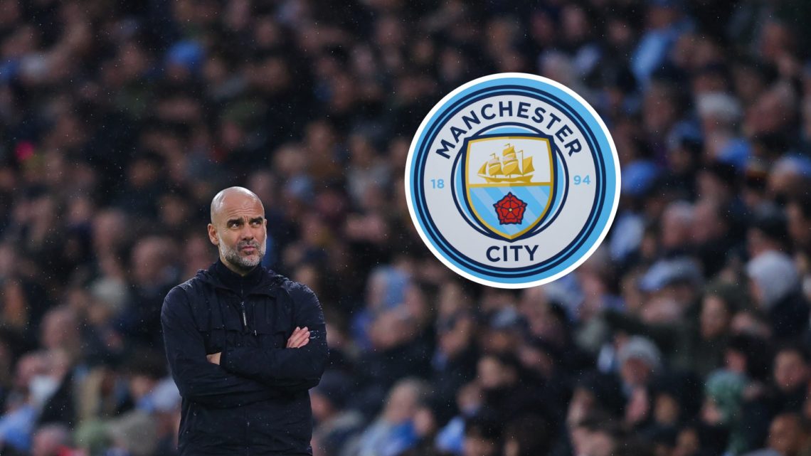 Pep Guardiola with inset of Manchester City badge