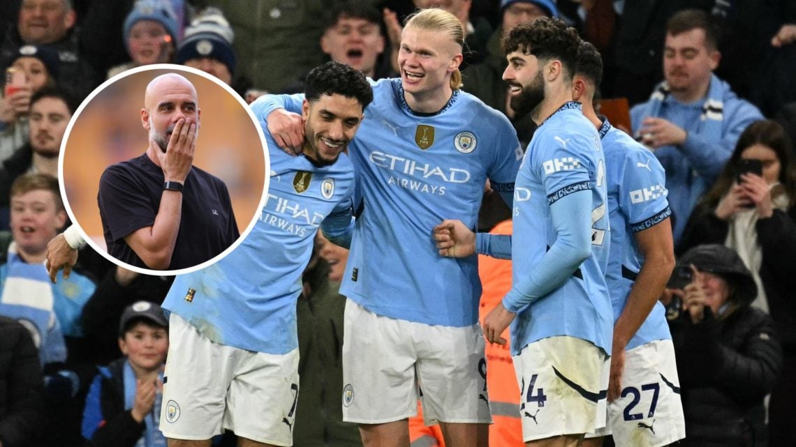 Pep Guardiola with inset of Manchester City trio Omar Marmoush, Erling Haaland and Josko Gvardiol