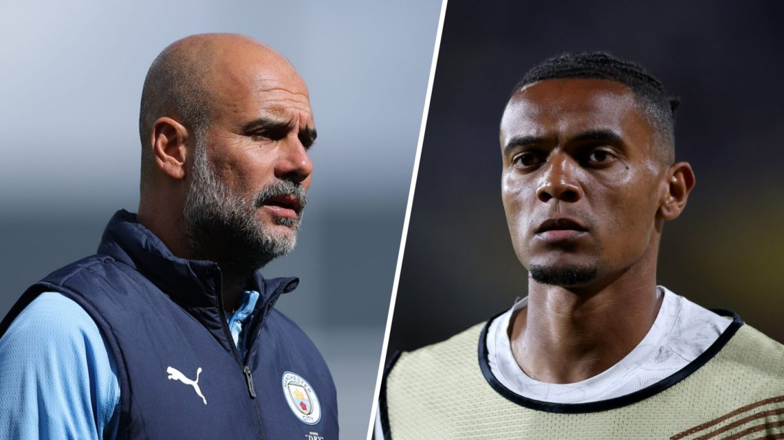 Split image - Pep Guardiola during Man City training (left) Manuel Akanji warming up (right)