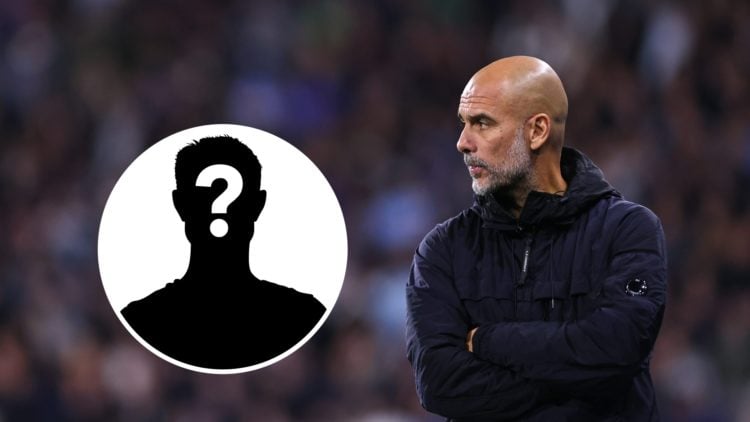 Pep Guardiola looks on during a Man City match (main image) mystery player inset (middle left)