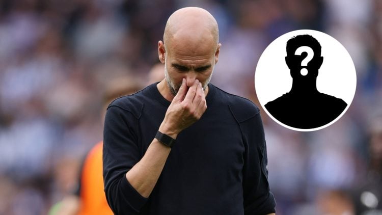 Pep Guardiola holding his nose (main image) mystery player inset (top right corner)