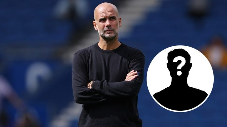Pep Guardiola with his hands crossed (main image) mystery player inset (bottom right corner)