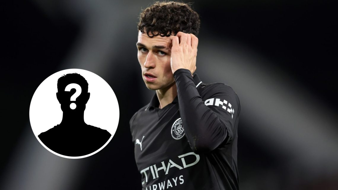 Phil Foden scratching his head during a Man City match (main image) mystery player inset (bottom left corner)