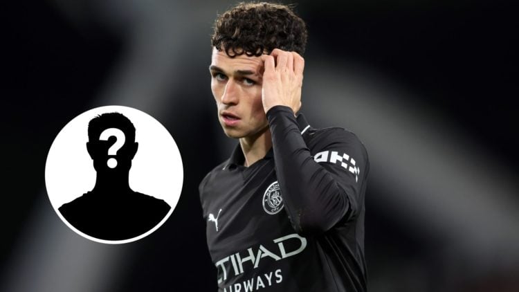 Phil Foden scratching his head during a Man City match (main image) mystery player inset (bottom left corner)