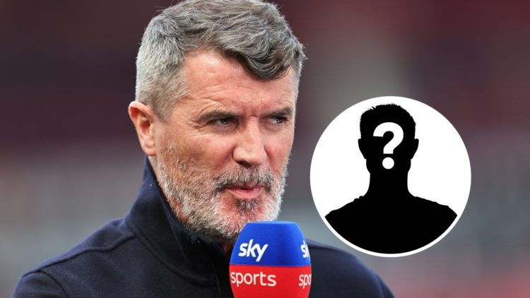 Roy Keane speaking into a Sky Sports microphone (main image) mystery player inset (bottom right corner)