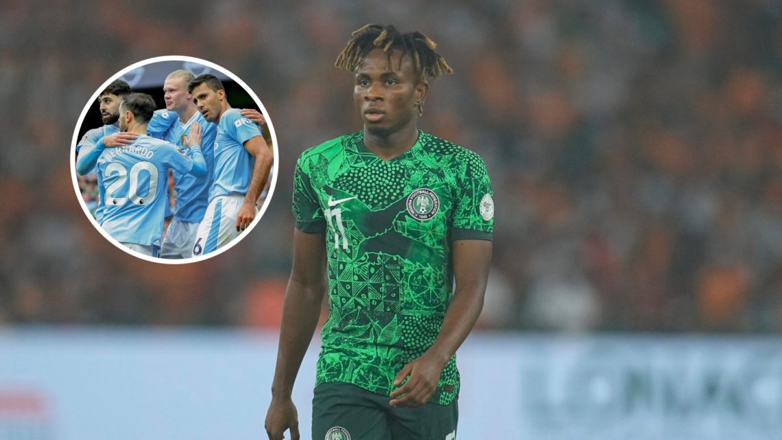 Samuel Chukwueze with inset of Manchester City players