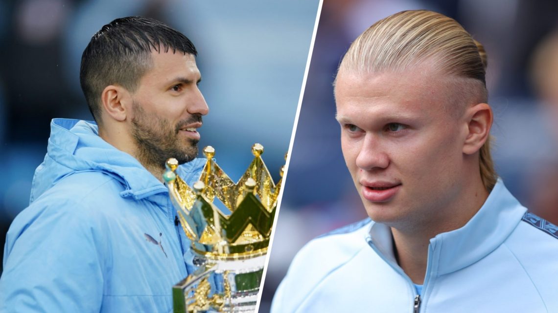 Split image - Sergio Aguero with the Premier League trophy (left) Erling Haaland in action for Man City (right)