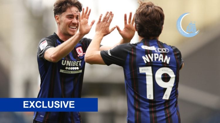 Sverre Nypan celebrates a goal with Middlesbrough teammate Hayden Hackney (main image) Blue exclusive banner (bottom left corner) Manchester City N...