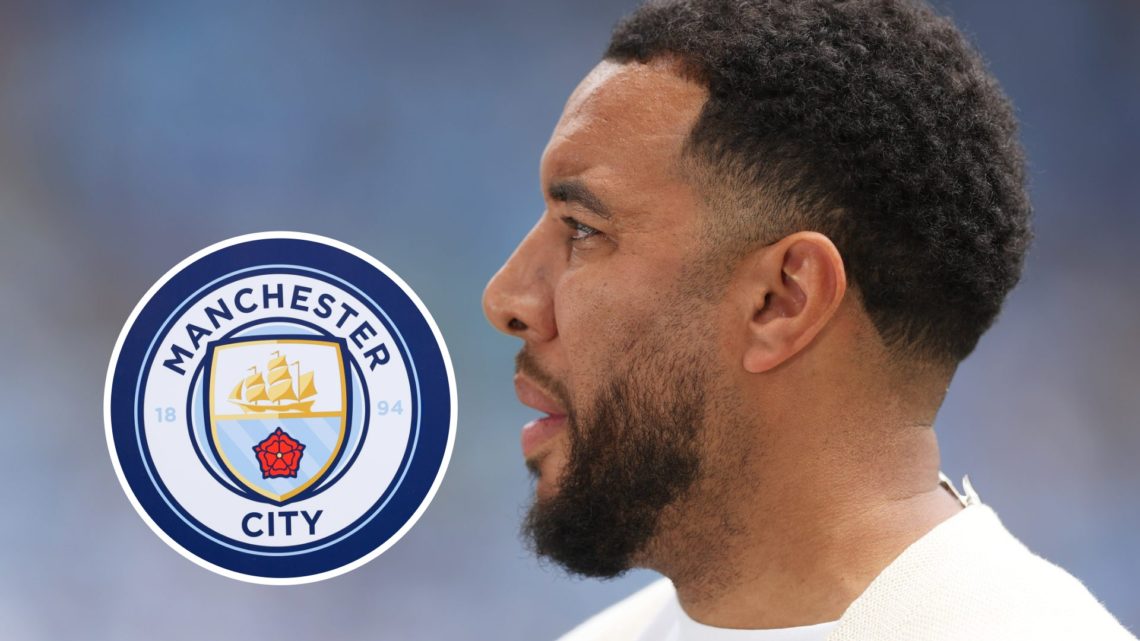 A side shot of Troy Deeney working as a pundit (main image) inset of the Man City badge (bottom right corner)
