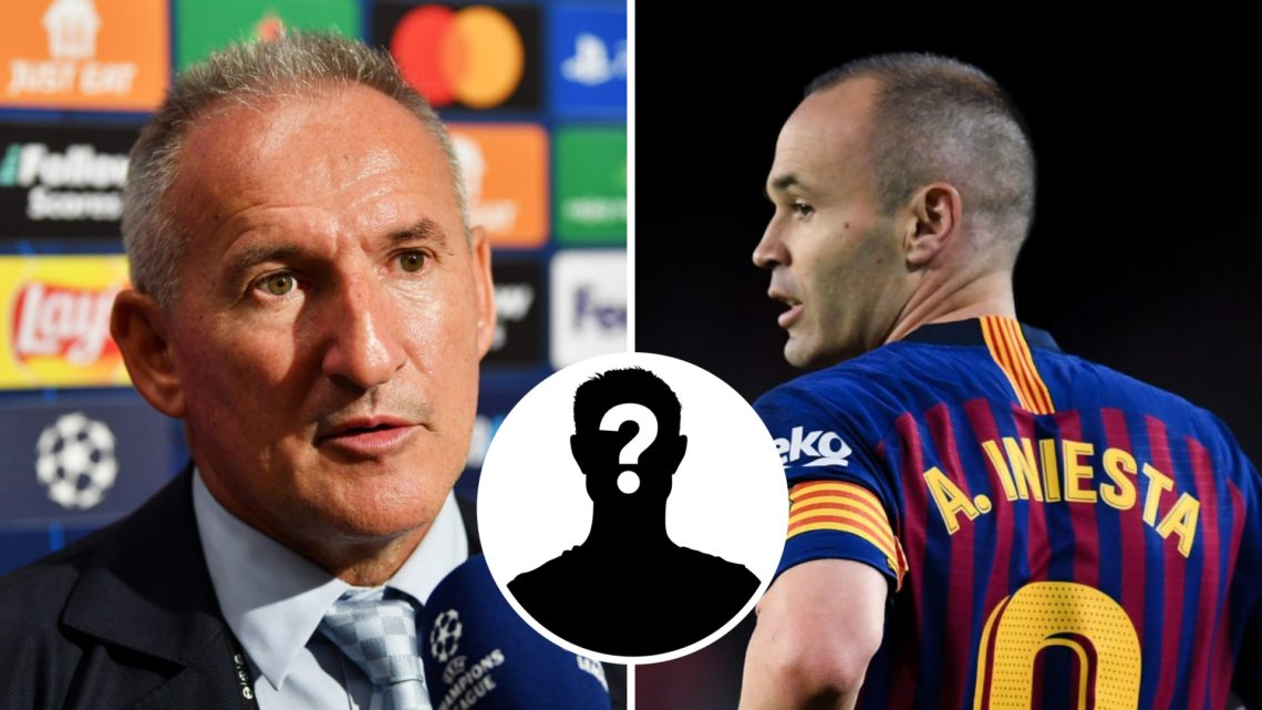 Split image - Txiki Begiristain doing an interview (left) Andres Iniesta in action for Barcelona (right) mystery player inset (middle)