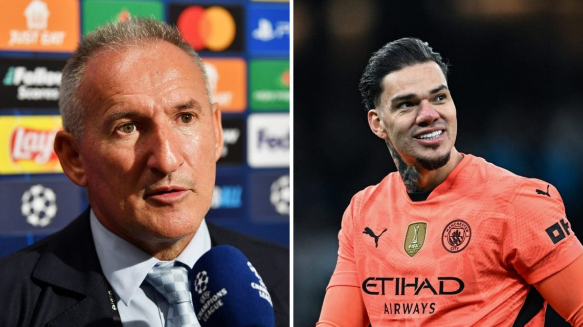 Split image - Txiki Begiristain doing an interview (left) Ederson with a smile on his face while playing for Man City (right)
