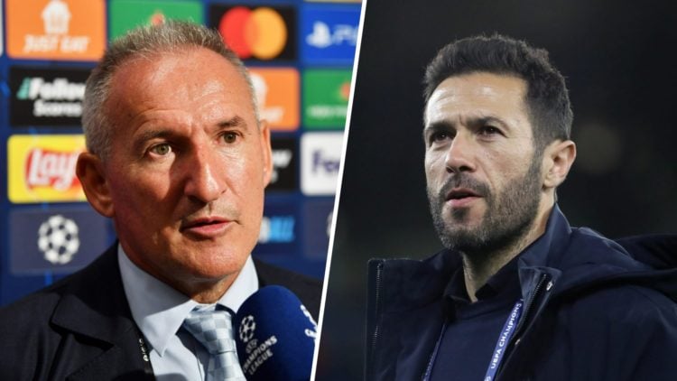 Split image - Txiki Begiristain doing an interview (left) Hugo Viana at a Man City match (right)
