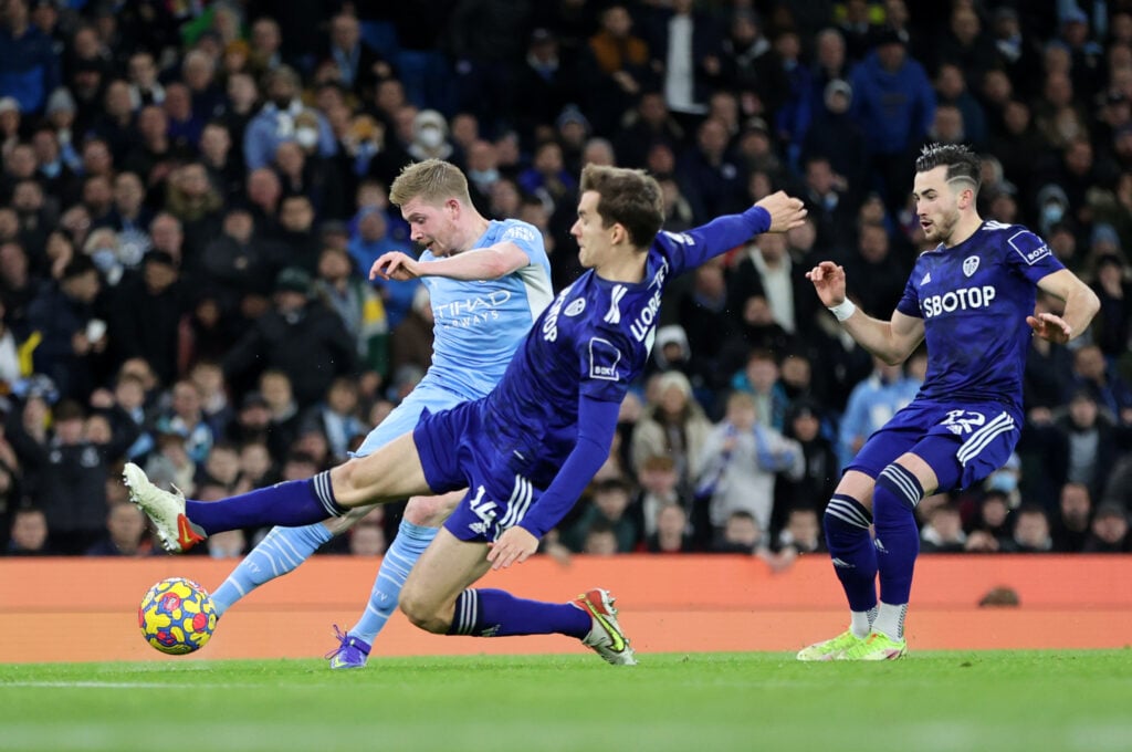 Kevin De Bruyne scored for Manchester City against Leeds United in 2021.