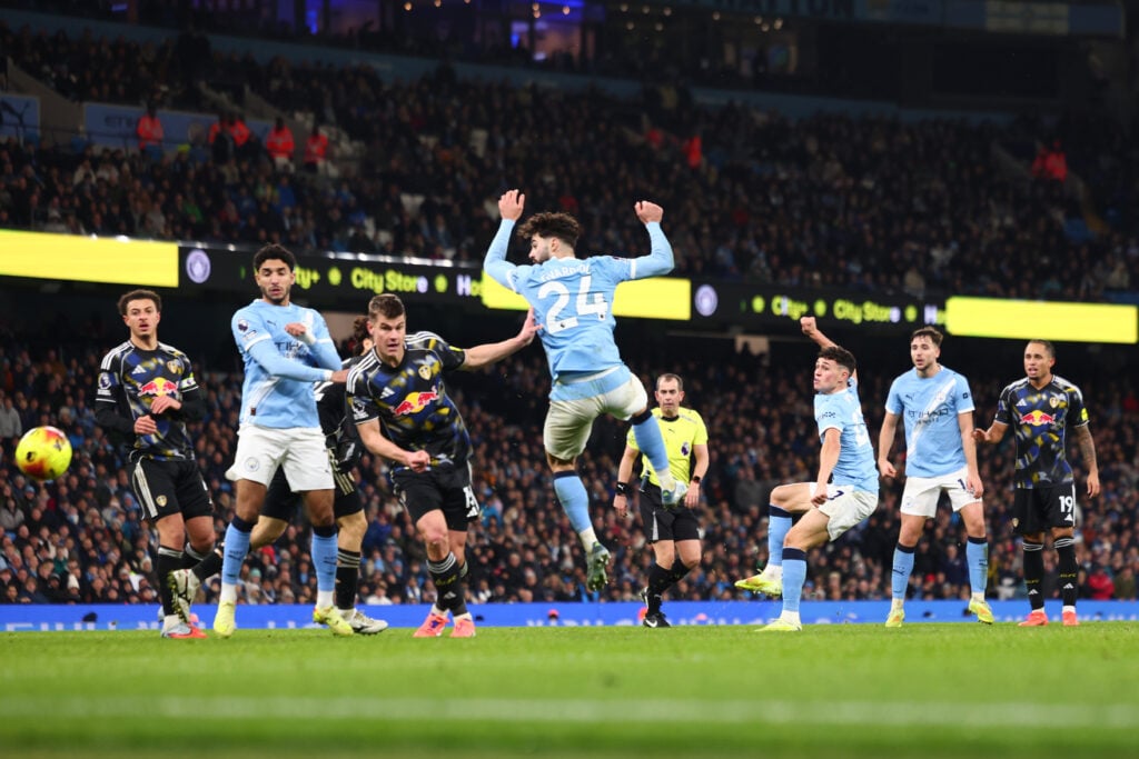 Phil Foden scores for Manchester City against Leeds United.