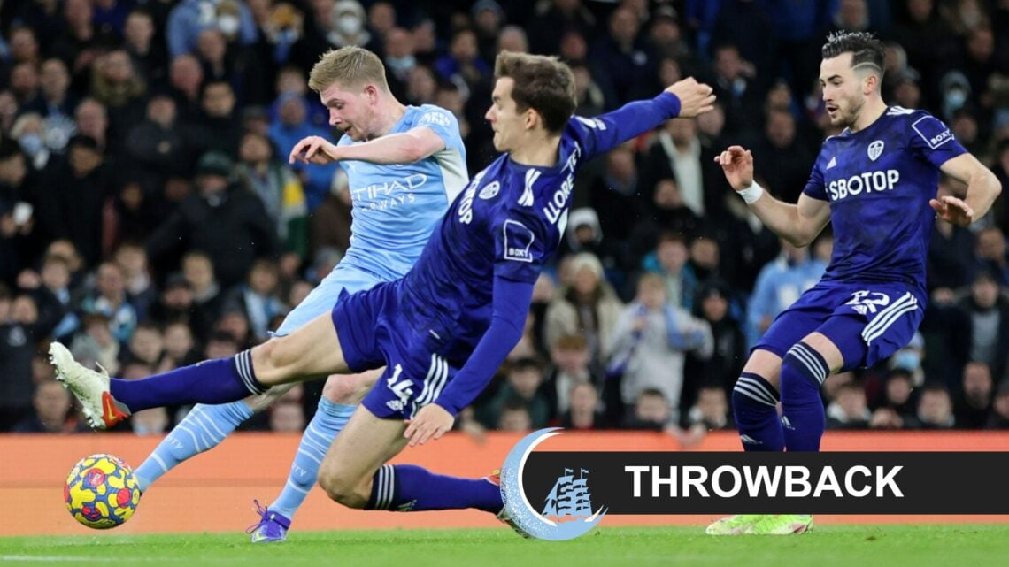 Kevin De Bruyne scoring for Manchester City against Leeds United in 2021 (central), throwback banner and Manchester City News logo (bottom right)