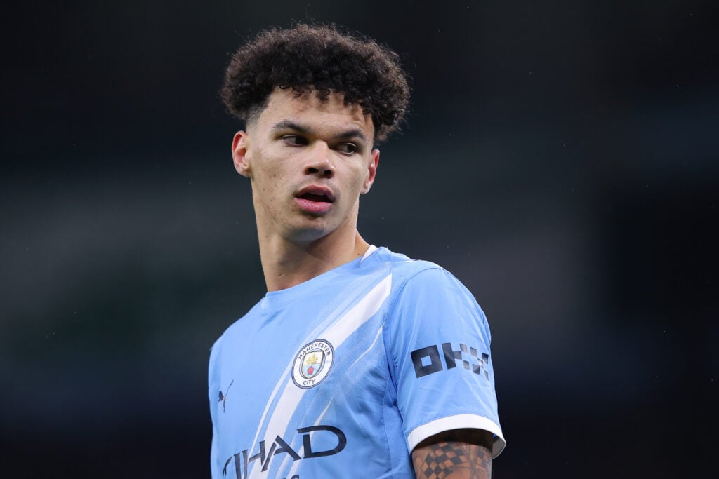 Nico O'Reilly playing for Manchester City.