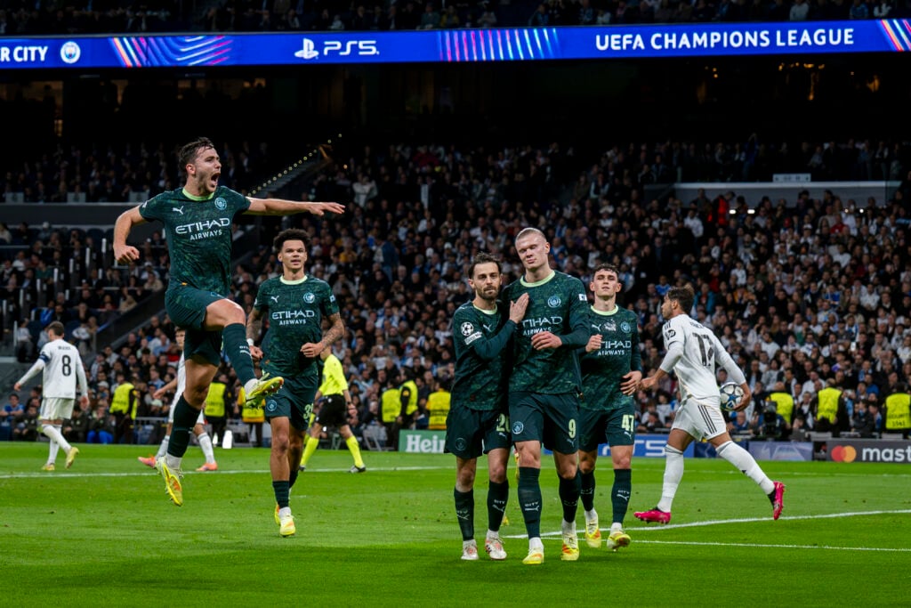 Man City players celebrate vs Real Madrid.