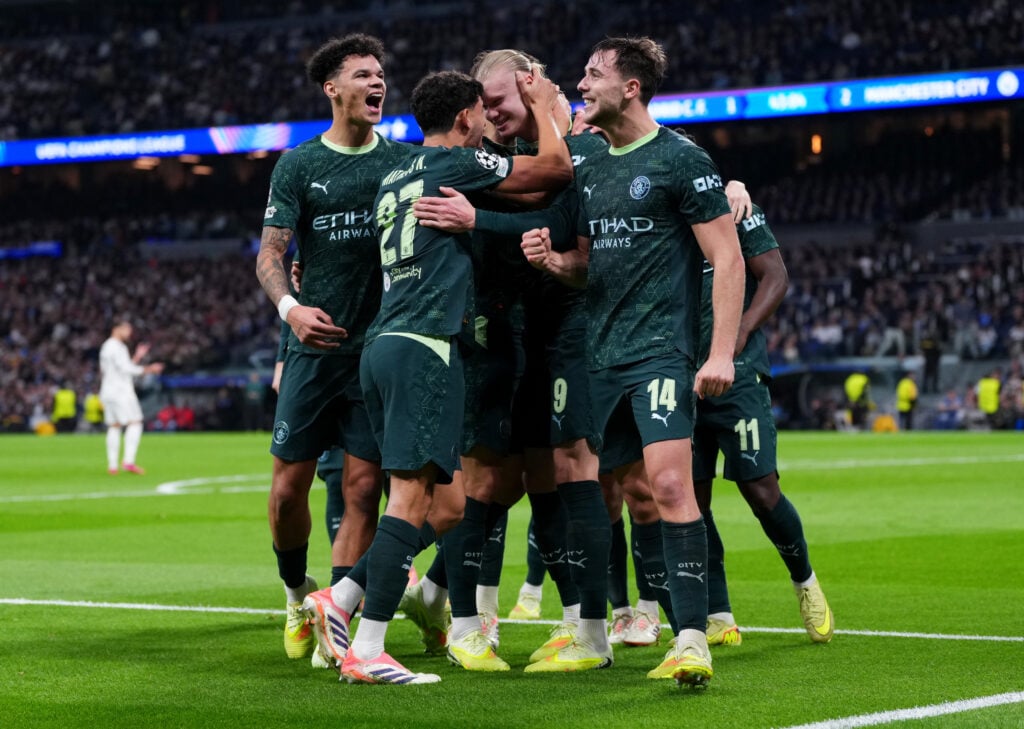 Man City players celebrate vs Real Madrid.