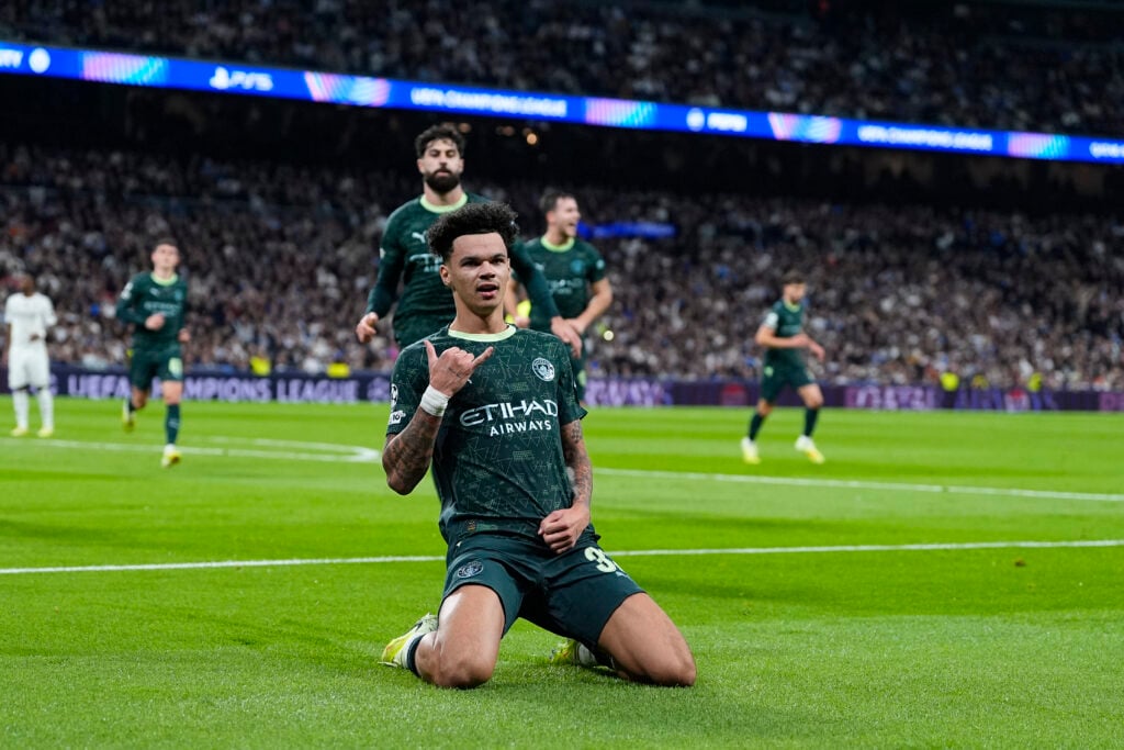 Nico O'Reilly celebrates after scoring for Man City vs Real Madrid.