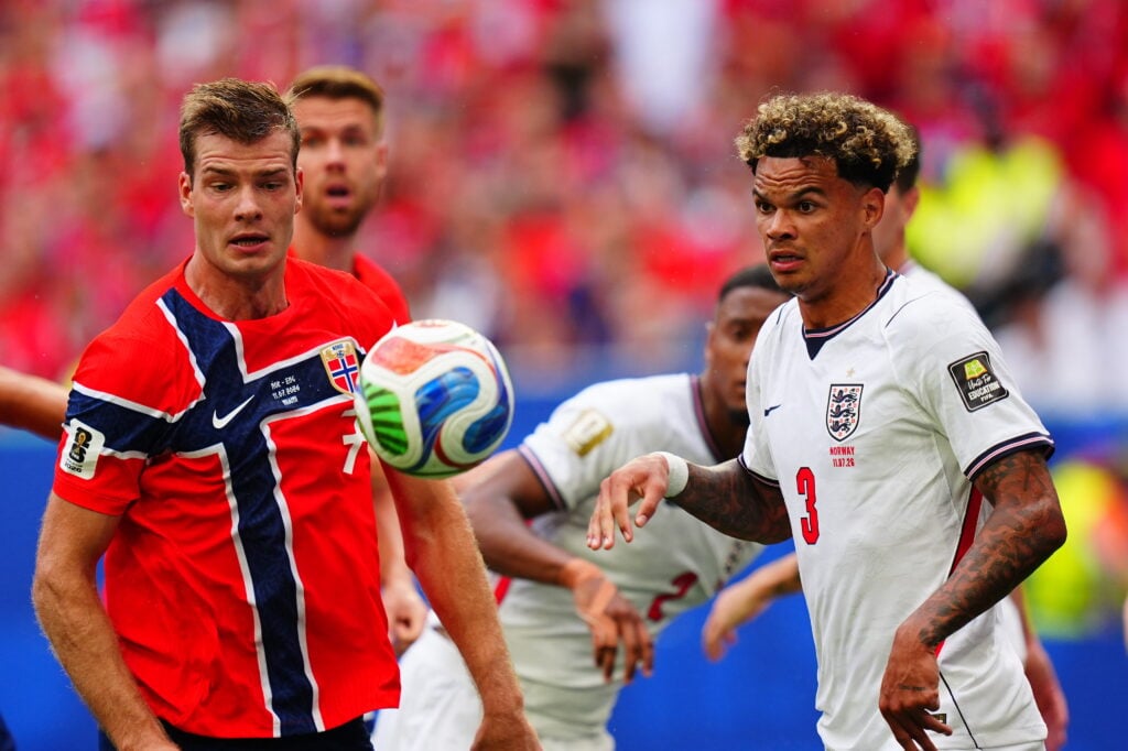 Nico O'Reilly playing for England.