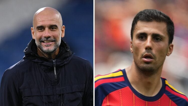Pep Guardiola managing Manchester City (left), Rodri playing for Spain (right)